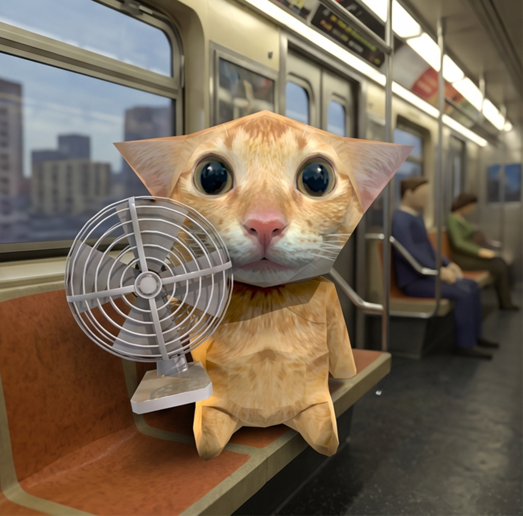 catwiffan riding the subway with his fan